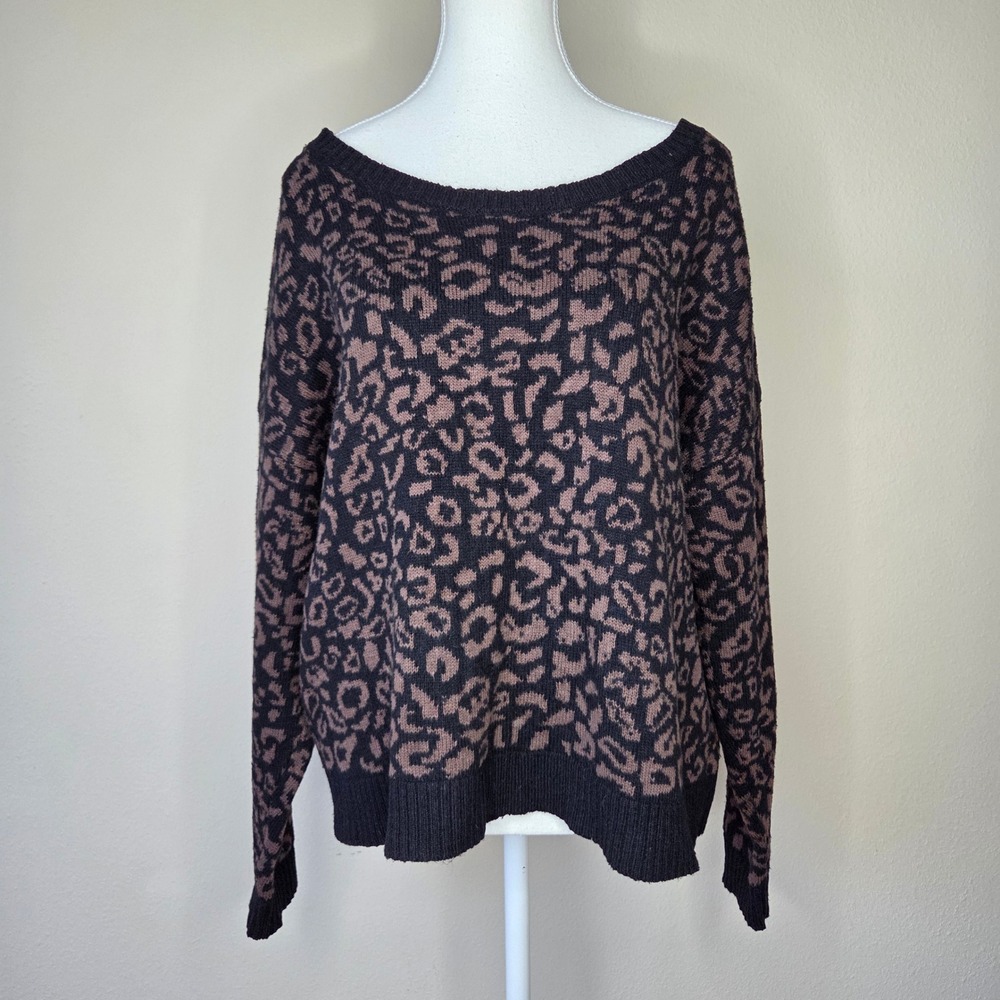 Free People Leopard Print Alpaca Wool Blend Sweater Brown Black Small